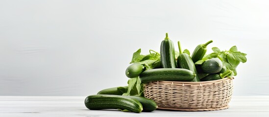 Aufkleber - Close up group of fresh organic cucumber or zucchini in wood basket on white table Cucumber or zucchini is crunchy vegetable which have sweet taste and crunchy for salad and cooking. Creative banner