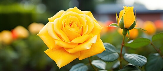 Poster - Yellow rose in the garden. Creative banner. Copyspace image