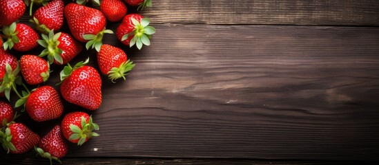 Poster - group of fresh red strawberries on rustic background. Creative banner. Copyspace image