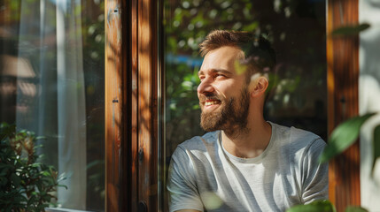 Wall Mural - Smiling man looking through a sunlit window with greenery around