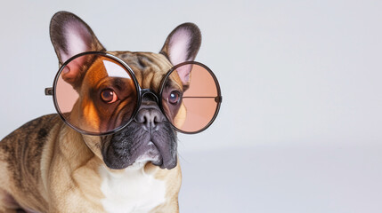 Wall Mural - French Bulldog dog wearing oversized glasses, looking adorable and fashionable, isolated on a white background