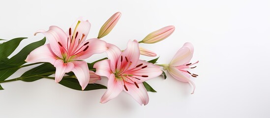 Poster - Pink lily flower on the white background. Creative banner. Copyspace image