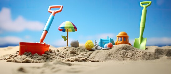 Sticker - Children s toys in the sandbox Plastic shovel and rake kid s playground beach activity. Creative banner. Copyspace image