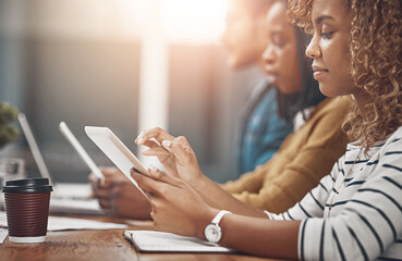 Poster - Woman, tablet and business meeting with group in office as web developer in internship for company in workshop. Female person, tech and digital agency for skills, growth and career in brand design