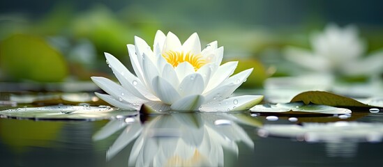 Wall Mural - The beautiful white lotus flower or water lily reflection with the water in the pond. Creative banner. Copyspace image