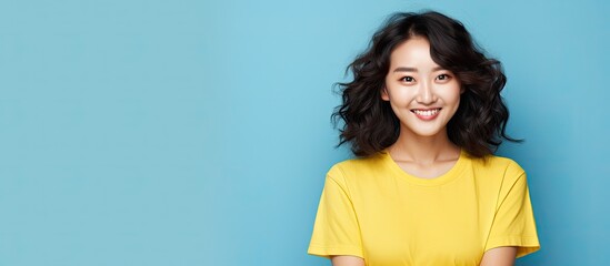 Poster - Sassy stylish good looking asian assertive korean girl show peace victory sign on eye touch cheek look empowered and motivated standing cheeky coquettish blue background wear yellow t shirt