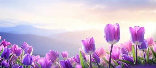 Poster - Purple tulips in wild life. Creative banner. Copyspace image