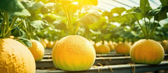 Wall Mural - Organic Hydroponics cantaloupe Hydroponic vegetable farm Selective focus. Creative banner. Copyspace image