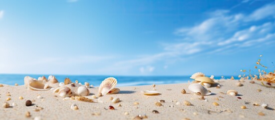 Leinwandbilder - shells on the beach in sand. Creative banner. Copyspace image
