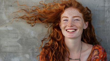 Wall Mural - Portrait of happy redheaded woman with freckles smiling at camera