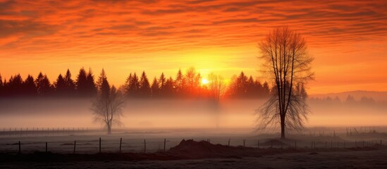 Wall Mural - the sun splashed orange morning sky is very beautiful fog covered dense visible trees shiny black am
