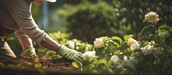 Poster - elderly woman with gloves on the garden. Creative banner. Copyspace image