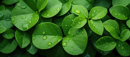 Aufkleber - Green leaves background with drops water after rain. Creative banner. Copyspace image