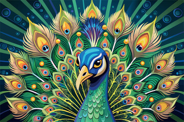 A peacock with its tail unfurled. it is in the center of the image, its head, and feathers fully exposed. a theme associated with beauty and pride.