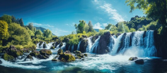 Sticker - Waterfall surrounded by many trees and a blue sky. Creative banner. Copyspace image