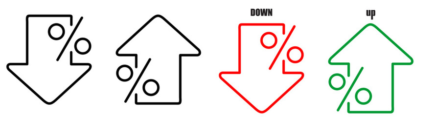 Percent down and up  arrow sign editable stroke outline icon isolated on white background flat vector illustration. Pixel perfect.