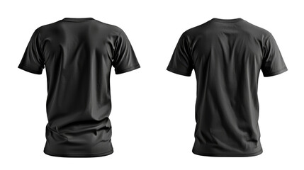Black t-shirt mockup, front and back view, isolated on black background.