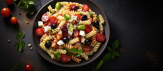 Wall Mural - tasty pasta salad with tomato cucumber and olives on a dark stone background. Creative banner. Copyspace image