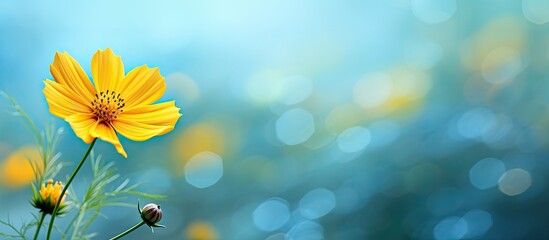 Fototapete - Yellow cosmos with blur green and blue abstract spring flower background. Creative banner. Copyspace image