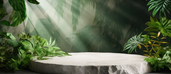 Poster - Natural stone and concrete podium in Natural green background for Empty show for packaging product presentation Background for cosmetic products the scene with green leaves Mock up the pedestal