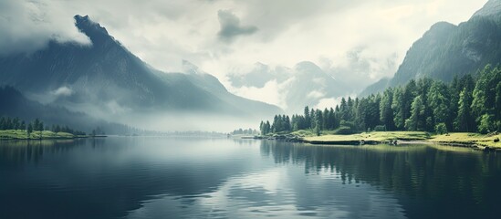 Canvas Print - Mountains and lake in fog and clouds. Creative banner. Copyspace image