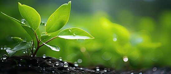 Aufkleber - A drop of dew on the leaves of the plant Rainy weather. Creative banner. Copyspace image