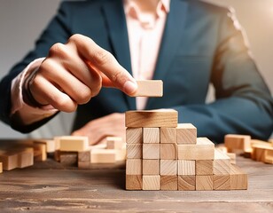 business development and growth success process concept, close up hand arranging wood block stacking, background with copy space