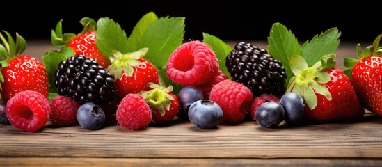 Poster - Fresh juicy berries with green leaves on wood texture. Creative banner. Copyspace image