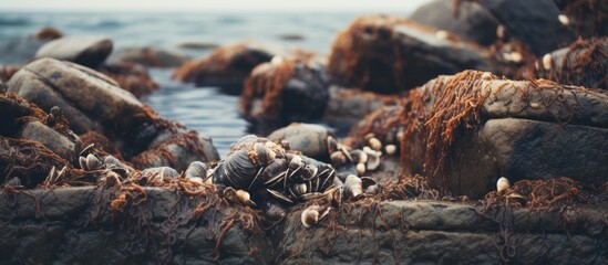 Poster - Macro view of barnacles at the sea shore Texture of barnacles at sea rocks. Creative banner. Copyspace image