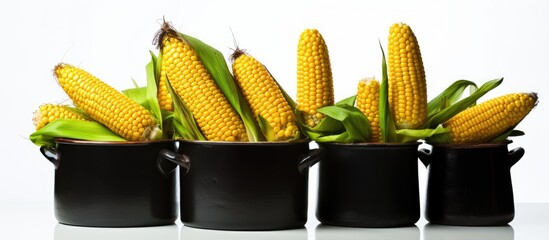 Poster - a black tall cooking pot filled with cobs of corn isolated on white. Creative banner. Copyspace image