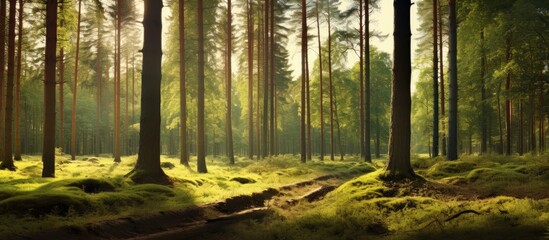 Aufkleber - tall straight trees in a sunny forest in the summer. Creative banner. Copyspace image
