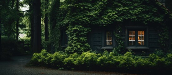 Poster - Very beautiful dark green house side leaves. Creative banner. Copyspace image