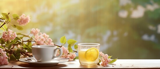 Aufkleber - Morning on table with cup of tea and flowers. Creative banner. Copyspace image