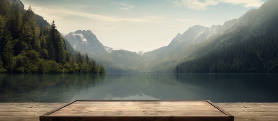 Poster - wooden platform before lake with mountain. Creative banner. Copyspace image