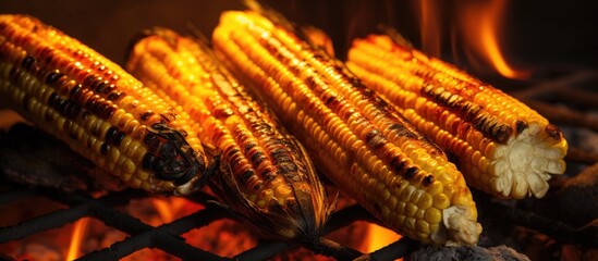 Sticker - Grilled corn on the grill on coals. Creative banner. Copyspace image