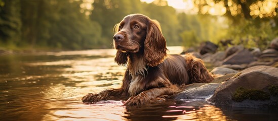 Canvas Print - English Cocker Spaniel dog patiently sitting in a river. Creative banner. Copyspace image