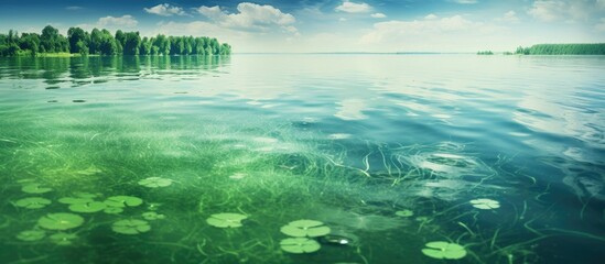 Wall Mural - Poisonous blue green alga growing and ruining lake water Reeds are floating among the alga bloom. Creative banner. Copyspace image