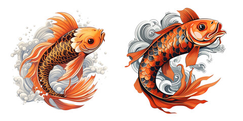 Wall Mural -  set clipart koi orange fish watercolor illustration on transparent background