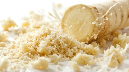 Wall Mural - Shredded ivory root vegetable with scattered flakes on light background