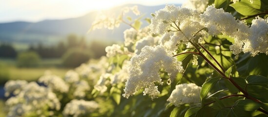 Wall Mural - White elderberry flowers in the morning light against the background of the hills. Creative banner. Copyspace image