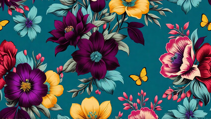 Wall Mural - floral background, botanical flower bunch, dark turquoise and dark purple, pink, red, yellow, vintage motif for floral print digital background.