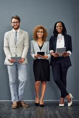 Poster - Tablet, portrait and business team by office wall with line, smile and happy with tech. Human resources, professional people and staff of work recruitment with onboarding, group and diversity at job