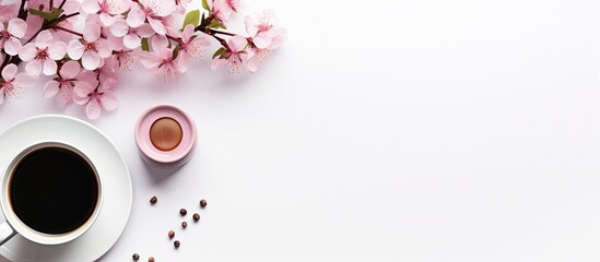Fototapete - Flat lay women s office desk Female workspace with laptop pink peonies bouquet and coffee on white background Top view feminine background. Creative banner. Copyspace image