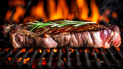 Wall Mural - Close up view thick, juicy steak sizzling grill an open flame. The steak seasoned herbs spices