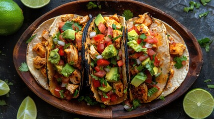 Wall Mural - Delicious Mexican tacos with meat, beans and vegetables on a dark background. Close up