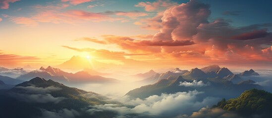 Wall Mural - beautiful sunset the mountains are covered with clouds. creative banner. copyspace image