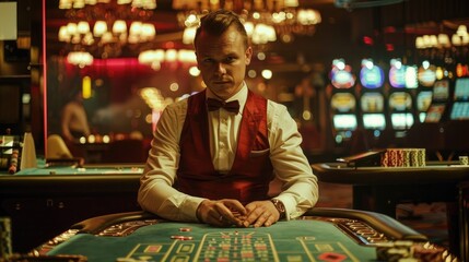 Wall Mural - Croupier behind gambling table in a casino, hyperealistics photography with copy space