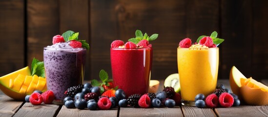 Wall Mural - Colorful two layer smoothies with mango and berries on rustic wooden background. Creative banner. Copyspace image