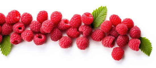 Sticker - fresh raspberries scattered on white background. Creative banner. Copyspace image