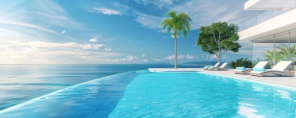 Luxurious infinity pool overlooking a tropical blue ocean on a clear sunny day